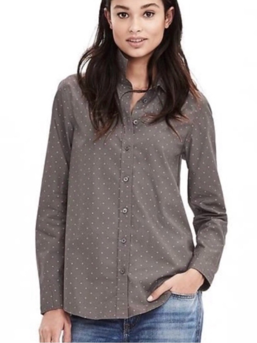Banana Republic Gray Button-Up Shirt with Pink Polka Dots